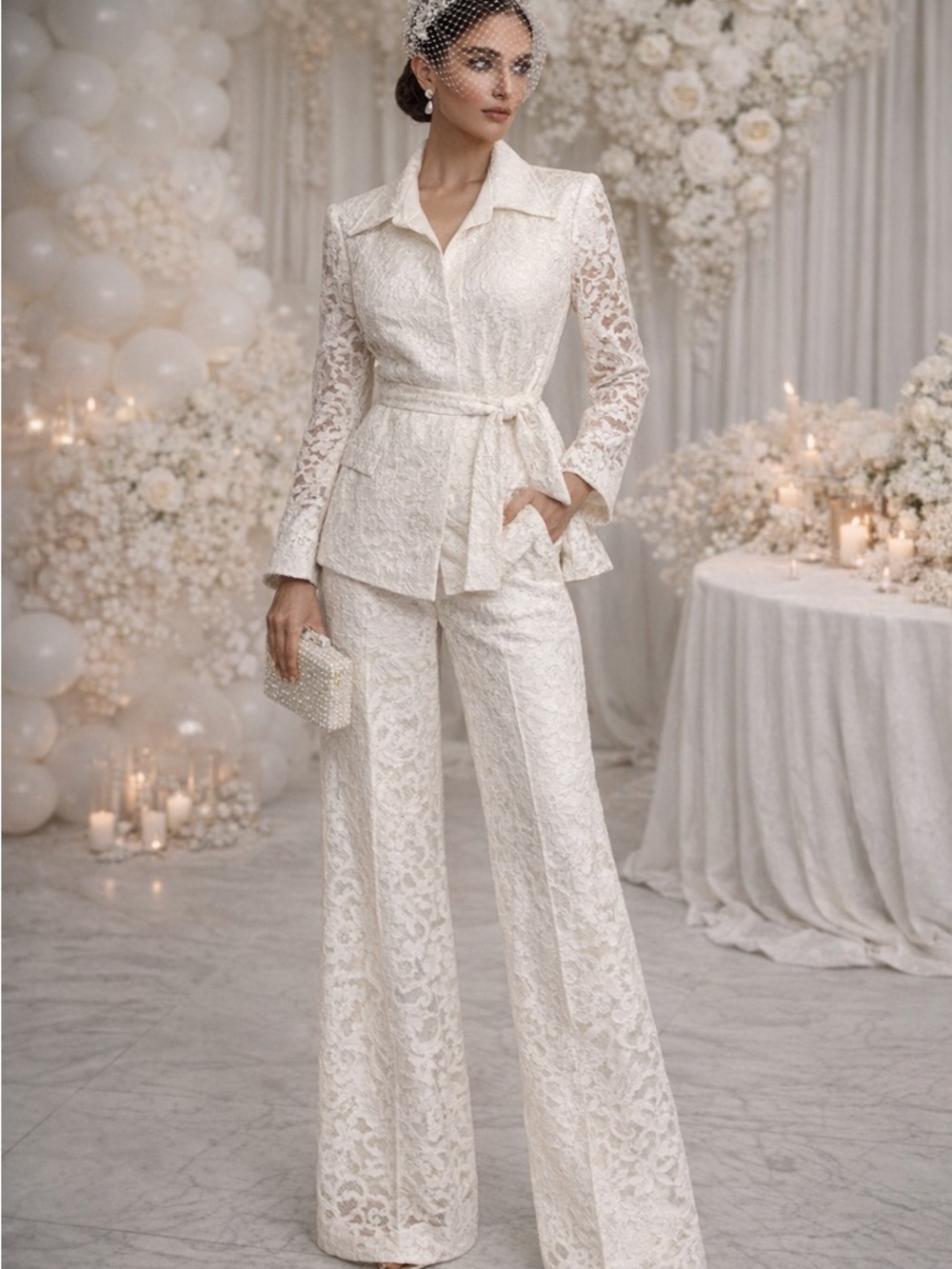 Alexis Ivory Lace Two-Piece Pant Suit – Size M
